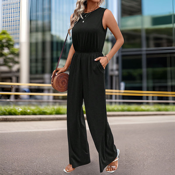 LOVEVVR women's clothing sleeveless simple commuter jumpsuit high-waisted elastic-waisted jumpsuit straight-leg trousers