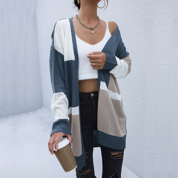 LOVEVVR New  Hot Early Autumn New Long Contrasting Sweater Casual Japanese Cardigan Jacket Women