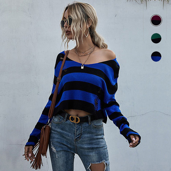 LOVEVVR Strictly selected early autumn  New fashion women's clothing striped v-neck loose short ripped sweater open navel knitted sweater