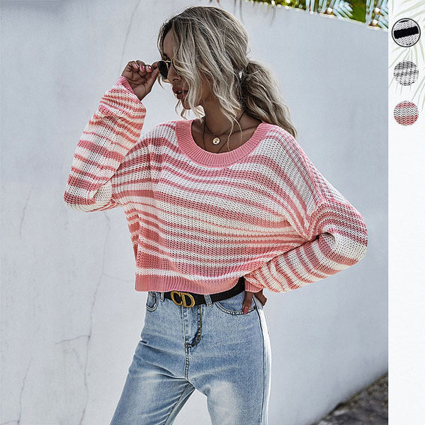 LOVEVVR popular popular autumn and winter hot sale crew neck knitted short striped contrasting sweater women's 2025 jumper women