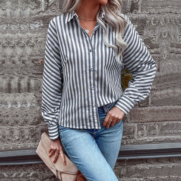 LOVEVVR Hot autumn new 2025 striped cardigan shirt long-sleeved commuter  lapel shirt women