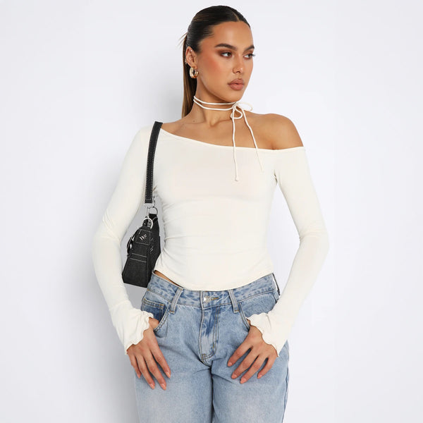 LOVEVVR 2025 INS style women's clothing Hot summer new fashionable solid color slanted shoulder slim shoulder sexy long-sleeved T-shirt top