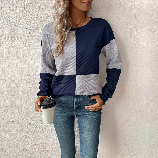 LOVEVVR 2025 women's clothing Hot autumn new  long-sleeved color matching pullover round neck texture sweater women's models