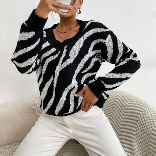 LOVEVVR  Popular trade popular autumn and winter new Middle East women's clothing pullover 2025 fashion zebra pattern warm thick knitted sweater