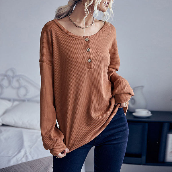 LOVEVVR New  New Autumn Women's Wear Waffle Solid Color Long Sleeve Bottom Button Crew Neck Knitted Sweater