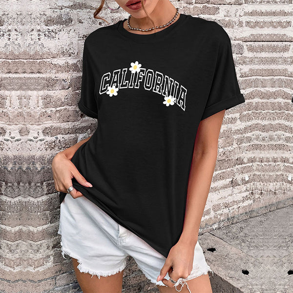 LOVEVVR new popular summer 2025 women's clothing round neck solid color pullover basic top short sleeve t-shirt printed women