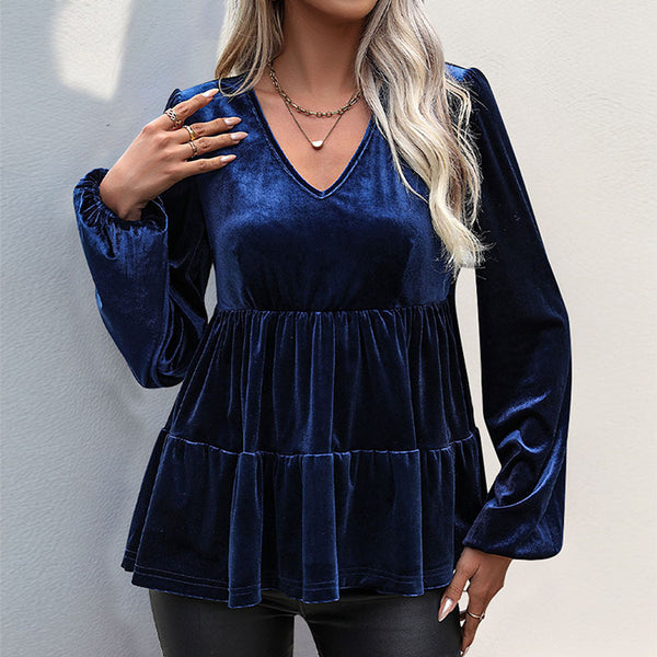 LOVEVVR 2025 foreign trade women's clothing autumn temperament elegant pullover top ruffle edge V-neck fashion velvet shirt