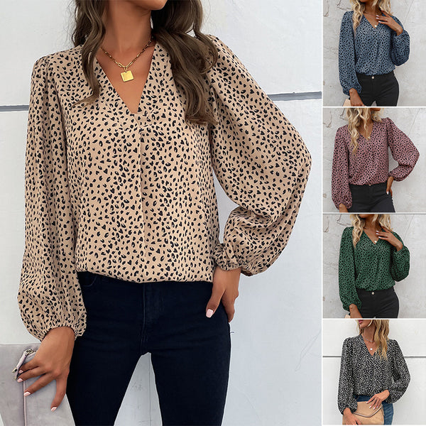 LOVEVVR Cross-border  popular spring and summer Popular trade 2025 commuter tops long-sleeved V-neck leopard print design shirts women