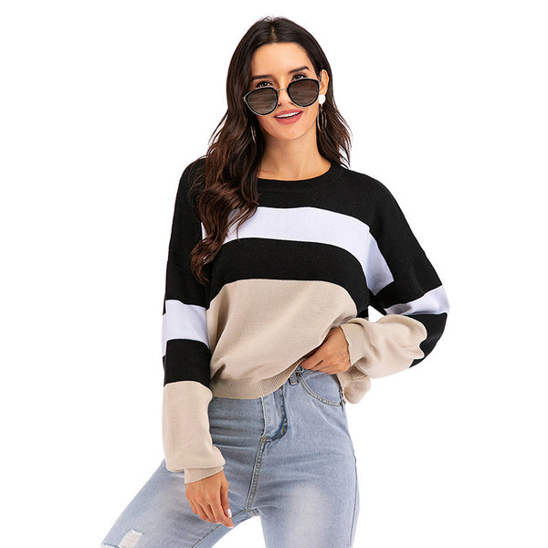 LOVEVVR popular Spring and Autumn New  Crew Neck Knitted Striped Contrast Color Long Sleeve Bottom Sweater Women's Short Pullover