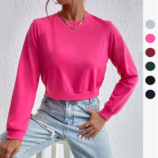 LOVEVVR popular new New Popular trade leisure sports ragged sleeves top Popular trade short navel round neck pullover sweater women