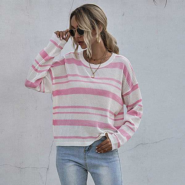 LOVEVVR foreign trade Hot early autumn pink pullover round neck striped knitted sweater women's casual pullover