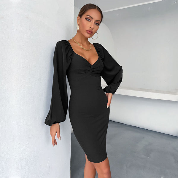 LOVEVVR New popular new product pleated bra skirt long sleeve bubble sleeve sexy hip wrap dress wholesale