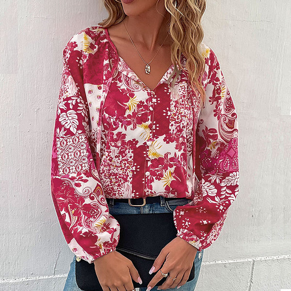 LOVEVVR Hot autumn casual printed shirt fashion 2025 foreign trade lace-up bubble sleeve shirt women