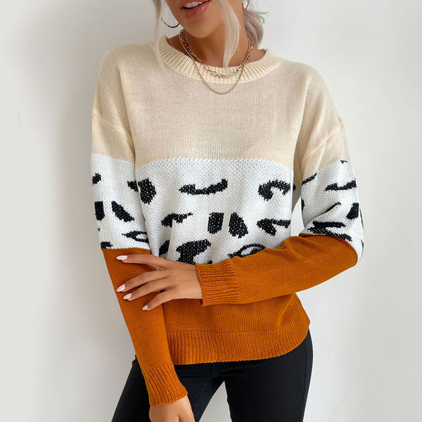 LOVEVVR New Popular trade popular autumn new  women's clothing long-sleeved leopard print contrasting knitted sweater color matching