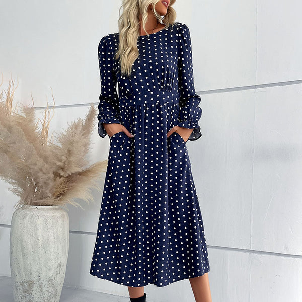 LOVEVVR New  2025 Women's Clothing Hot Autumn and Winter New Long Sleeve Blue Polka Dot Medium and Long Dress