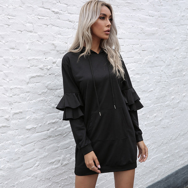 LOVEVVR popular new long-sleeved pullover hooded skirt Popular trade women's clothing  New ruffle edge splicing hooded dress