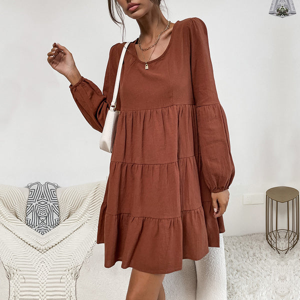 LOVEVVR New  Women's Clothing Hot New 2025 Hot Trade Cake Folded Skirt Long Sleeve Loose Cotton and Linen Dress