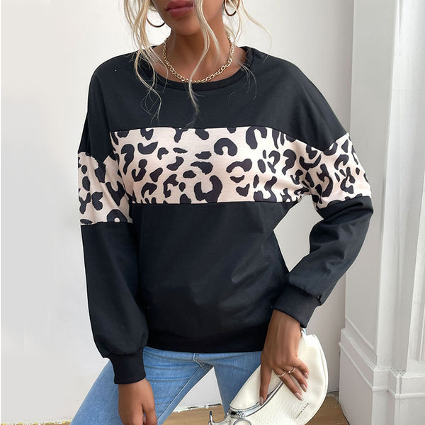 LOVEVVR  Popular trade autumn new popular 2025 women's clothing round neck sleeve splicing leopard print sweater