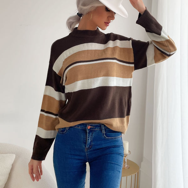 LOVEVVR New Popular trade popular autumn and winter 2025 women's clothing striped splicing contrasting color semi-turtleneck knitted pullover sweater