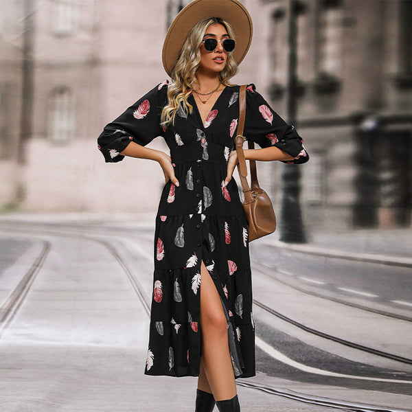 LOVEVVR New Hot Trade Skirt Hot Autumn and Winter New 2025 Women's  Long Sleeve Printed Dress