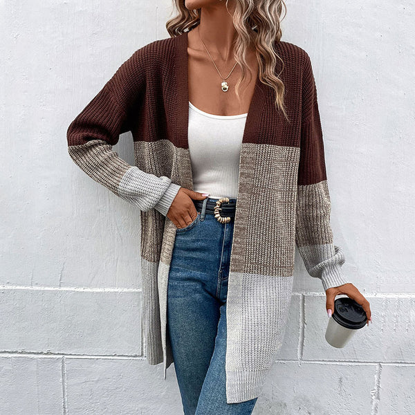 LOVEVVR 2025 knitted jacket Hot autumn and winter new design contrast color medium and long sweater cardigan women