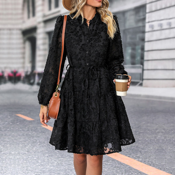 LOVEVVR New Hot Trade Black Skirt Hot Autumn New 2025 Jacquard Long Sleeve  Dress