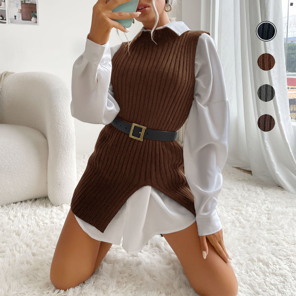 LOVEVVR New Popular trade autumn and winter 2023 Spice Girls women's clothing split fork medium and long retro vest knitted vest sweater