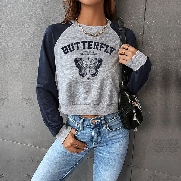 LOVEVVR Hot new spring and autumn college style shoulder sleeves BM 2025 foreign trade color matching short women's round neck pullover sweater