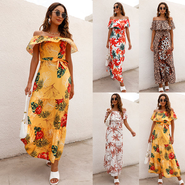 LOVEVVR Summer 2025 women's clothing Popular trade New  Popularan station printing one-word collar ruffle edge dress