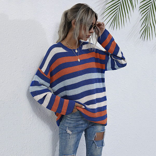 LOVEVVR popular New Women's Early Autumn Sweater 2025 Autumn Pullover Crew Neck Loose Top  Striped Knitted Sweater