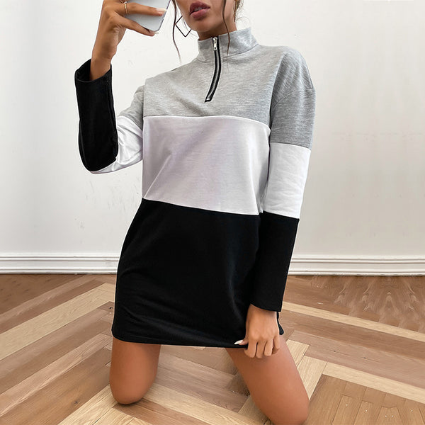 LOVEVVR New Popular trade popular autumn new South East Asia zipper stand-up neck sweater black splicing sweater skirt