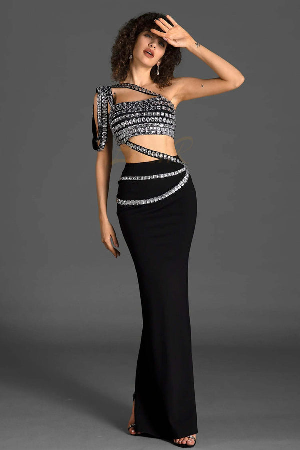 LOVEVVR Vaelora One Shoulder Drape Crystal 2 Piece Set