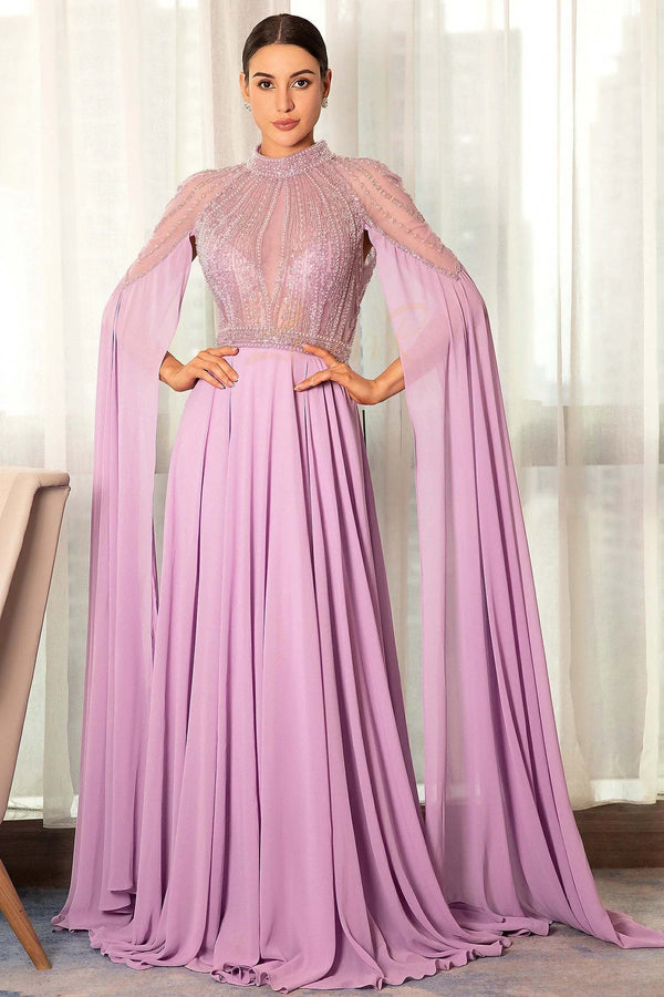 LOVEVVR Stathiade Beaded Cape See-Through Evening Gown Dress